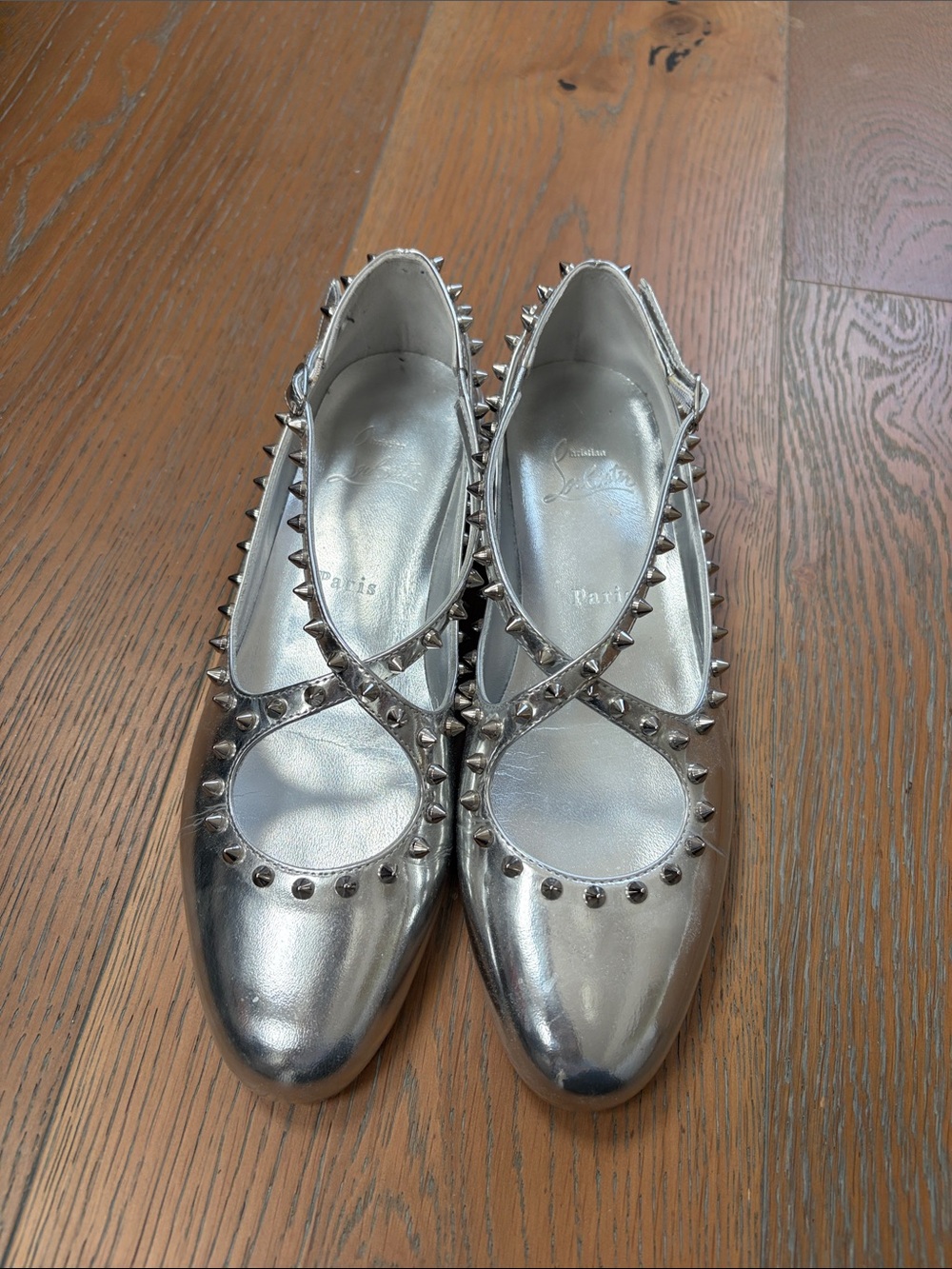 Christian Louboutin Metallic Silver Studded Mary Jane Flats